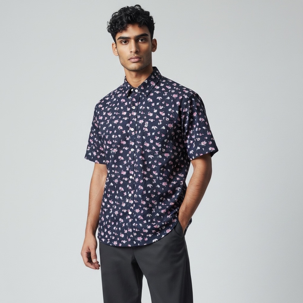 Bonobos Riviera Slim Fit Short Sleeve Button Down Navy Floral Shirt Medium